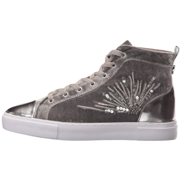 $109 Guess Women’s G Force Beaded High Top Velvet Sneakers Light Grey - Picture 5 of 6